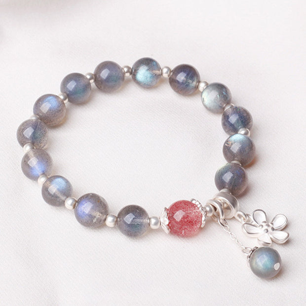 Buddha Stones Moonstone Strawberry Quartz Flower Healing Charm Bracelet