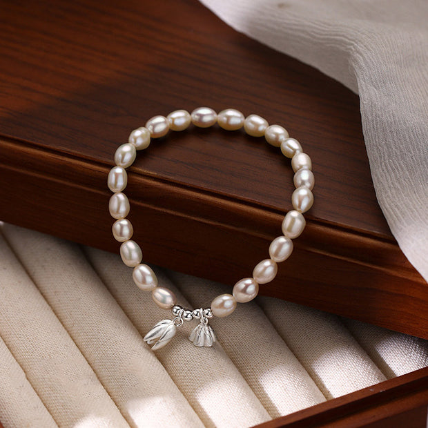 Buddha Stones 999 Sterling Silver Lotus Flower Pod Natural Pearl Healing Bracelet Bracelet BS 1