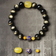 Buddha Stones 925 Sterling Silver Chinese Zodiac Natal Buddha Natural Gold Sheen Obsidian Amber Wealth Protection Bracelet