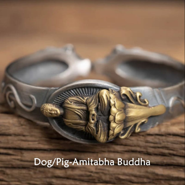 Buddha Stones Tibetan Silver Chinese Zodiac Natal Buddha Protection Bracelet Bangle