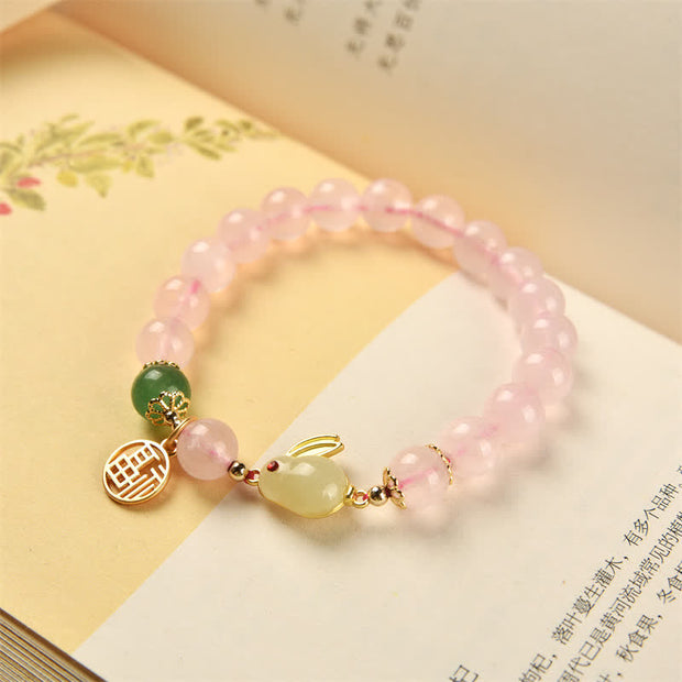 Year of the Rabbit Natural Pink Crystal Green Agate Bunny Love Happiness Bracelet Bracelet BS 4