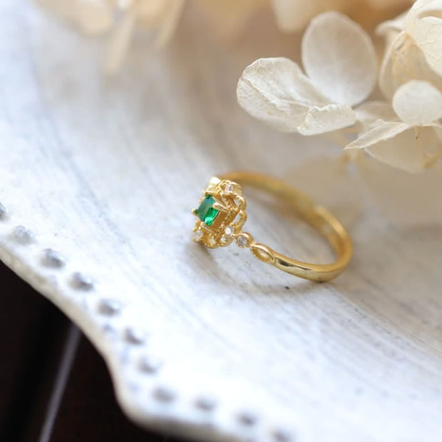 925 Sterling Silver Green Emerald Stone Blessing Luck Adjustable Ring