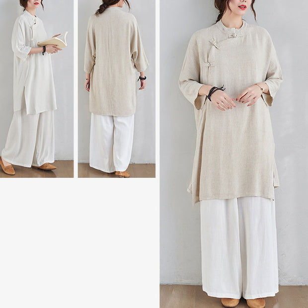 Buddha Stones 2Pcs Plain Design Zen Tai Chi Meditation Clothing Cotton Linen Top Pants Women's Set Clothes BS 10