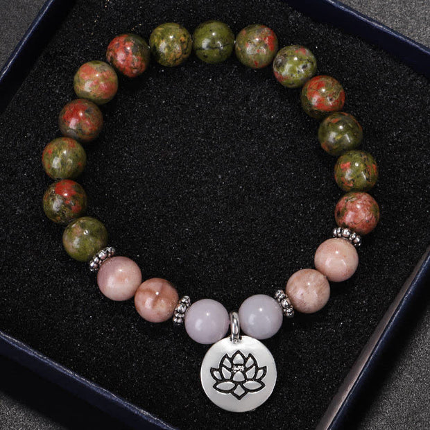 Buddha Stones Natural Unakite Rose Quartz Crystal Sun Stone Lotus Wealth Bracelet