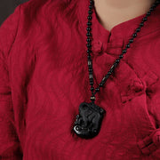 Buddha Stones Black Obsidian Elephant Protection String Necklace Pendant Key Chain Necklaces & Pendants BS 2