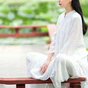 Buddha Stones 2Pcs White Tai Chi Meditation Yoga Zen Cotton Linen Clothing Top Pants Women's Set Clothes BS 9