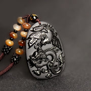 Buddha Stones Black Obsidian Tiger Eye Dragon Phoenix Protection Beaded Necklace Pendant Necklaces & Pendants BS 1