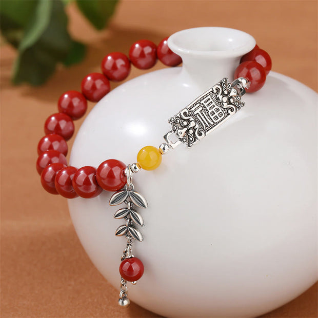 Buddha Stones 925 Sterling Silver Cinnabar Wheat Pattern Happiness Blessing Bracelet