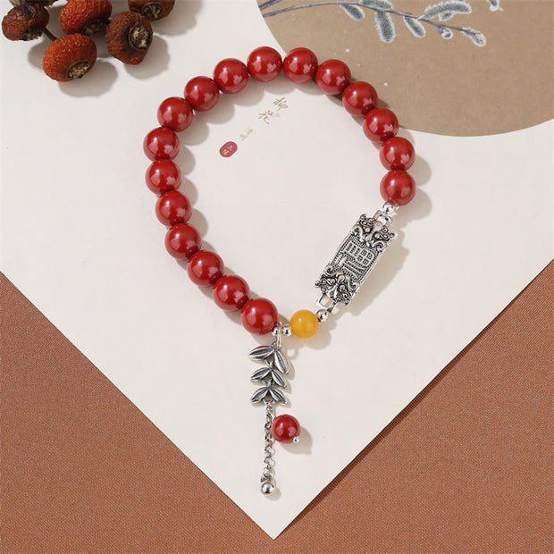Buddha Stones 925 Sterling Silver Cinnabar Wheat Pattern Happiness Blessing Bracelet
