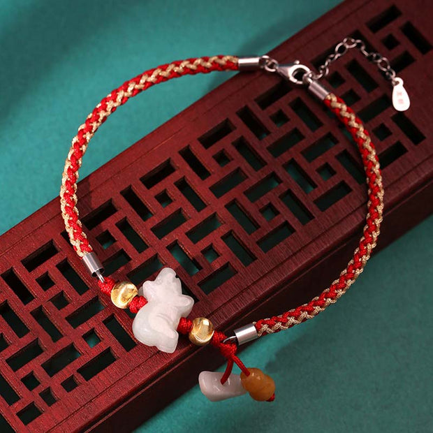 Buddha Stones Chinese Zodiac Jade Prosperity Red String Bracelet Anklet Bracelet BS Pig(Bracelet/Anklet Size 19.5+4cm)