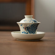 Buddha Stones Koi Fish Arowana Ceramic Gaiwan Sancai Teacup Kung Fu Tea Cup With Lid 130ml