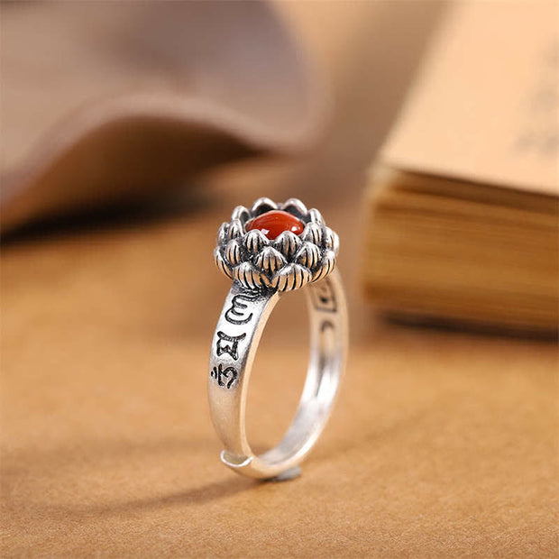 Buddha Stones925 Sterling Silver Lotus Red Agate Confidence Blessing Ring Ring BS 7