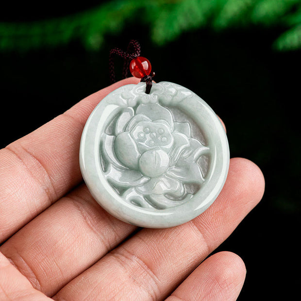 Buddha Stones Natural Jade Lotus Flower Carved Prosperity Necklace Pendant Necklaces & Pendants BS 6