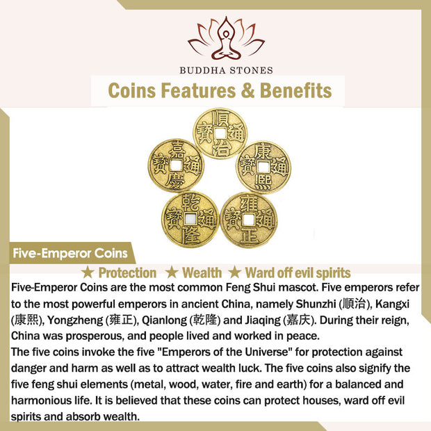 Buddha Stones Feng Shui Five Emperor Coins Turquoise Wealth Ring
