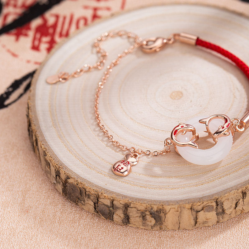wing bling ★14k mare Lucky Fish Wish Bracelet /大人気 24k Solid Yellow Gold Lucky Fish Charm with 14k Gold Red