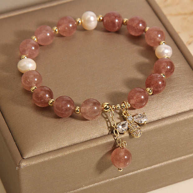 Buddha Stones Strawberry Quartz Pearl Cute Zircon Honeybee Positive Charm Bracelet