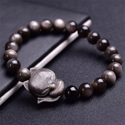 Buddha Stones Natural Silver Sheen Obsidian Fox Protection Bracelet