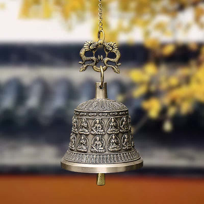 Buddha Stones Tibetan Engraved Buddha Dragon Wind Chime Bell Copper Luck Wall Hanging Decoration Decorations BS 15.5*20.5CM