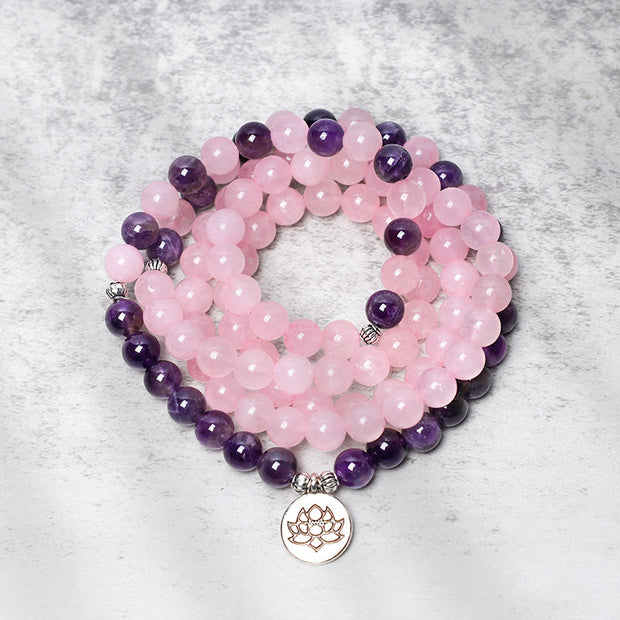 Buddha Stones Natural Rose Quartz & Amethyst Mala Bead Lotus Pendant Bracelet Bracelet BS 2