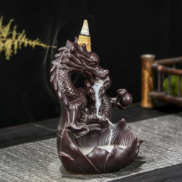 Buddha Stones Dragon Lotus Pattern Strength Protection Ceramic Incense Burner Decoration Incense Burner BS 3