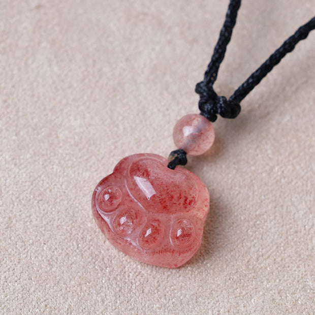 Buddha Stones Strawberry Quartz Lovely Cat Paw Claw Healing Necklace Pendant