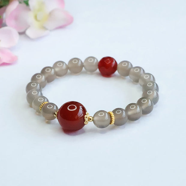 Buddha Stones Natural Gray Chalcedony Red Agate Harmony Bracelet Bracelet BS 1
