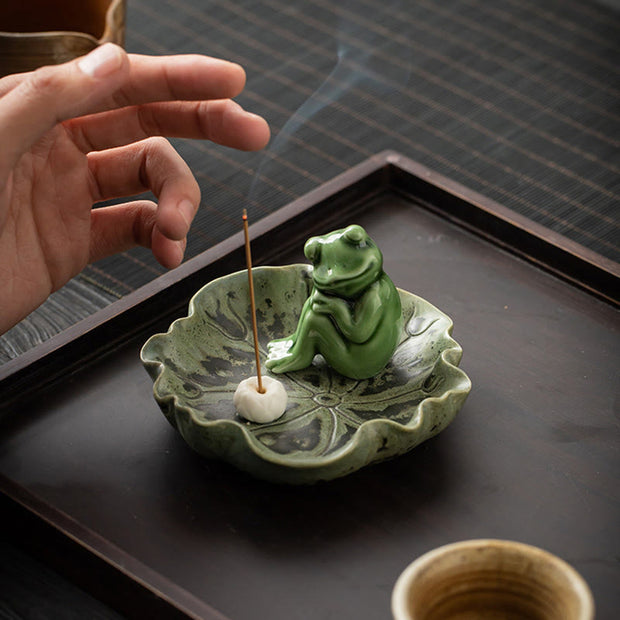 Buddha Stones Leaf Meditation Frog Pattern Healing Ceramic Incense Burner Decoration Incense Burner BS 24
