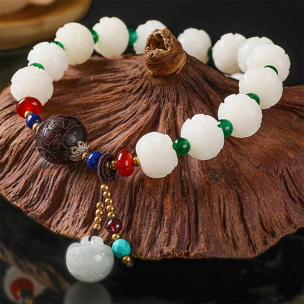 Buddha Stones Bodhi Seed Jade Lotus Charm Peace Bracelet Bracelet BS Bodhi Seed& Small Beads