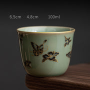 Buddha Stones Butterfly Flower Lotus Koi Fish Plum Blossom Ceramic Teacup Kung Fu Tea Cup 100ml Cup BS Green Butterfly Flower 6.5cm*4.8cm*100ml