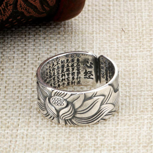 Buddha Stones 999 Sterling Silver Lotus Symbol Heart Sutra Protection Ring Ring BS 7