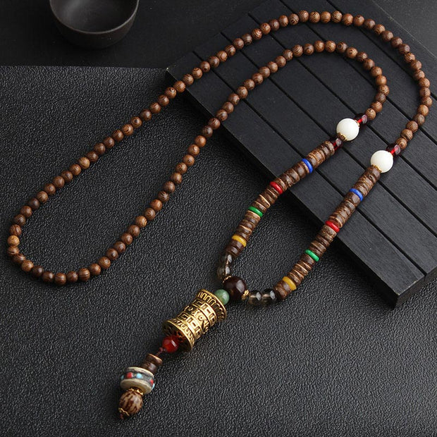 Buddha Stones Turquoise Dzi Bead Prayer Wheel Wenge Wood Meditation Necklace Necklaces & Pendants BS Gold Prayer Wheel