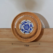 Buddha Stones Ceramic Flower Pattern Rattan Cup Mat Tea Cup Coaster