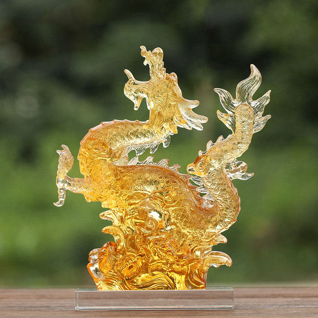 Buddha Stones Handmade Chinese Zodiac Yellow Dragon Liuli Crystal Art Piece Luck Protection Home Office Decoration Decorations BS 20.5*11.5*23cm/8.07*4.53*9.06Inch