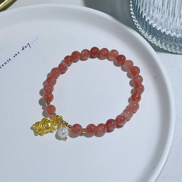 Buddha Stones Year of the Dragon Strawberry Quartz Dragon Pearl Charm Protection Bracelet Bracelet BS 6