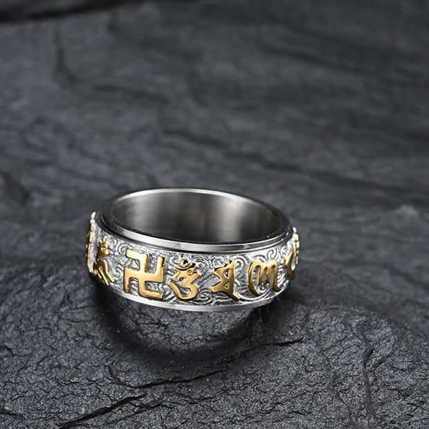 Buddha Stones Om Mani Padme Hum Balance Calm Titanium Steel Ring Rings BS 3