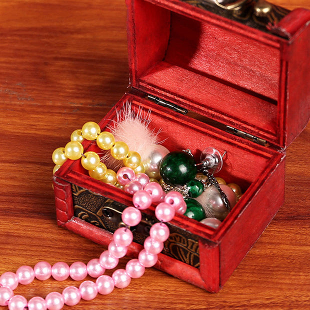 Buddha Stones Retro Small Wood Jewelry Box Lotus Golden Grape Copper Coin Daffodil Grass Flower Jewelry Storage Box