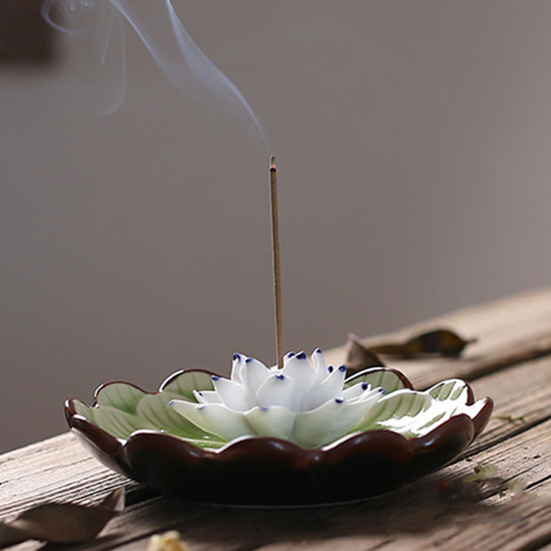 Buddha Stones Lotus Pattern Healing Ceramic Incense Burner Decoration Incense Burner BS 4
