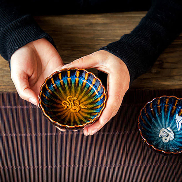 Buddha Stones Lotus Goldfish Auspicious Dragon Phoenix Ceramic Teacup Silver Inlaid Tea Cups 130ml Cup BS 4