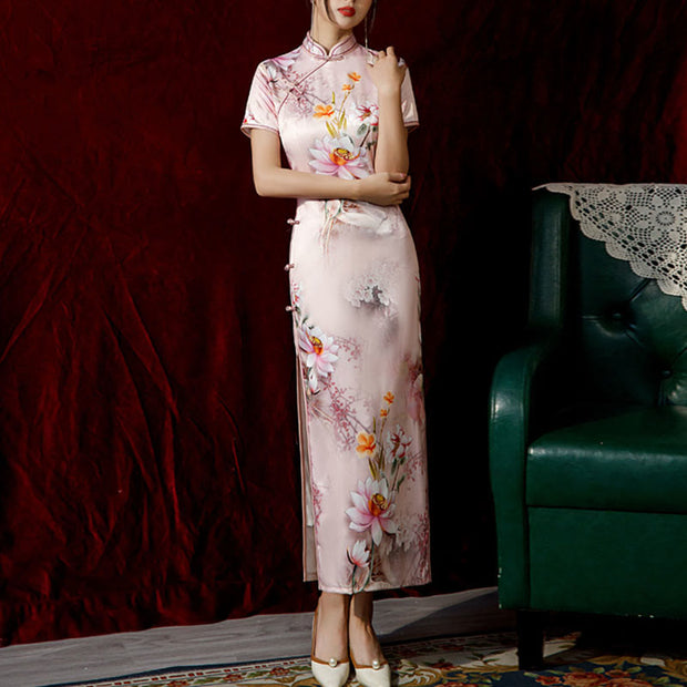 Buddha Stones Vintage Lotus Magnolia Peony Flower Pattern Cheongsam Dress Women's Qipao Dress