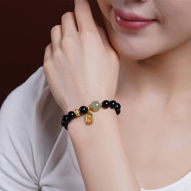 Buddha Stones Black Onyx Hetian Jade Bead Lucky Fortune Charm Bracelet Bracelet BS 3