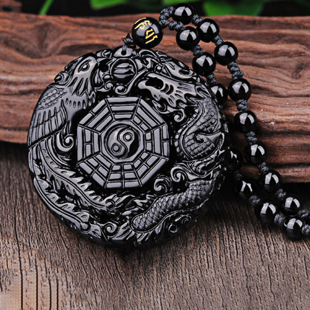 Buddha Stones Bagua Dragon Phoenix Obsidian Fulfilment Pendant Necklace Necklaces & Pendants BS 9