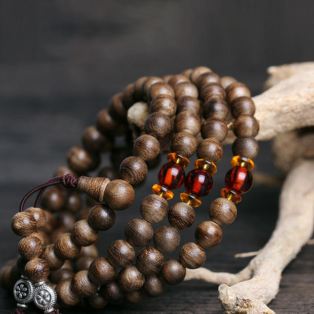 Buddha Stones 108 Mala Beads Malaysian Wild Agarwood Amber Balance Meditation Bracelet