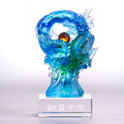 Buddha Stones Handmade Azure Dragon Liuli Crystal Art Piece Success Protection Home Office Decoration Decorations BS Small 8*8*16.3cm/3.15*3.15*6.42Inch