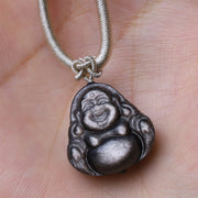 Buddha Stones Natural Silver Sheen Obsidian Laughing Buddha Protection Necklace Pendant Necklaces & Pendants BS 2