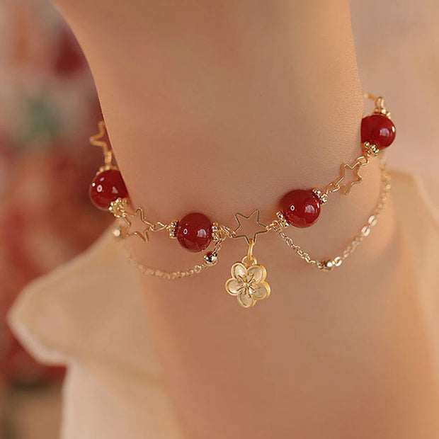 Buddha Stones 14k Gold Plated Red Agate Star Flower Charm Calm Bracelet Bracelet BS 8