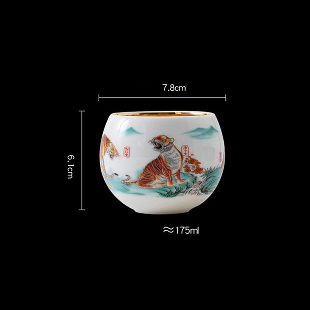 Buddha Stones Tiger Lotus Flower Leaf Koi Fish Gilt Ceramic Teacup Kung Fu Tea Cup 175ml Cup BS 8