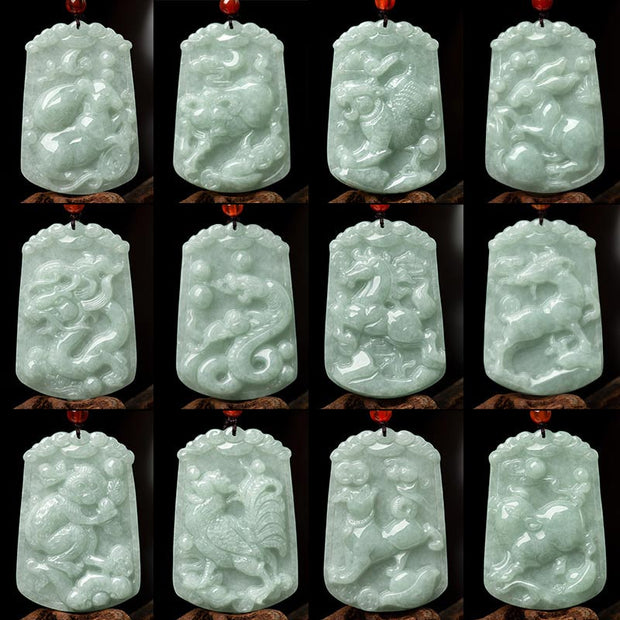 Buddha Stones Natural Jade 12 Chinese Zodiac Abundance Amulet Pendant Necklace Necklaces & Pendants BS 20