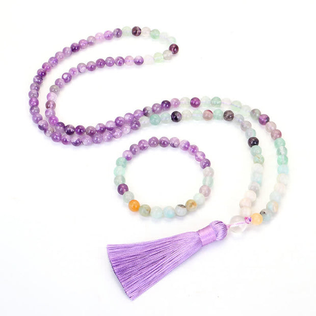 108 Mala Beads Amethyst Fluorite Amazonite Spiritual Positive Tassel Bracelet Mala Bracelet BS main