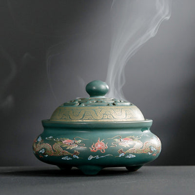 Buddha Stones Dragon Floral Pattern Backflow Smoke Fountain Ceramic Meditation Incense Burner Decoration