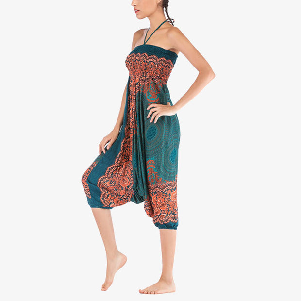 Buddha Stones Two Style Wear Round Geometric Pattern Loose Smocked Harem Trousers Jumpsuit High Waist Women's Yoga Pants